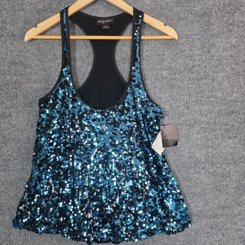 NEW Vintage Baby Phat Sequin Tank Top Deadstock M Blue Y2K‎ 90s Rave Festival - Picture 2 of 11